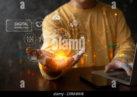 The glow light Data digital marketing analysis graph with light bulb in dark background. 3D illustration in Technology concepts. Pay Per Click (PPC) d Stock Photo