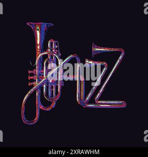 Vibrant neon vector of a trumpet merging with the word 'JAZZ'. Artistic representation of jazz music's lively spirit. Stock Vector