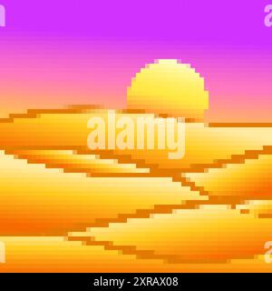 Desert landscape in pixel art style. Sun over sand dunes in the style of 8-bit retro graphics of the 80s and 90s. Pixel desert landscape. Design for p Stock Vector