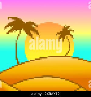 Pixel desert landscape with palm trees and sand dunes. Landscape with palm trees in the desert in the style of 8-bit graphics of retro games of the 80 Stock Vector