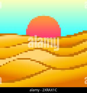 Desert landscape in pixel art style. Sun over sand dunes in the style of 8-bit retro graphics of the 80s and 90s. Pixel desert landscape. Design for p Stock Vector