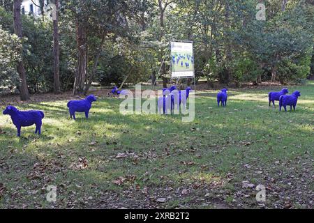 Venice, Italy - September 27, 2009: Flock of Blue Sheep at Green Grass in Park Lido di Venezia Art Installation. Stock Photo