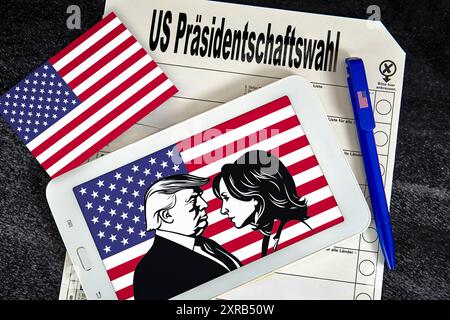 9 August 2024: Symbolic image of elections in the USA. An election letter with the inscription: US presidential election, surrounded by a USA flag and a drawing of Donald Trump and Kamala Harris. PHOTOMONTAGE *** Symbolbild Wahlen in den USA. Ein Wahlbrief mit Aufschrift: US-Präsidentschaftswahl, umgeben von einer USA Flagge und einer Zeichnung von Donald Trump und Kamala Harris. FOTOMONTAGE Stock Photo