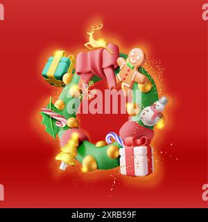 3D decorated christmas wreath Stock Vector