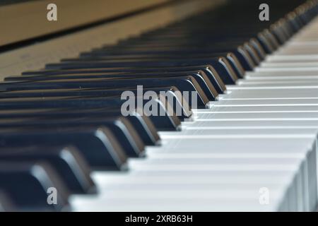 Piano keyboard side view perspective. Musical instrument. Black and white piano keys Stock Photo