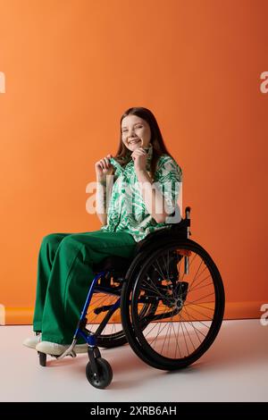 Naked disabled female in green body paint in crowd participating in