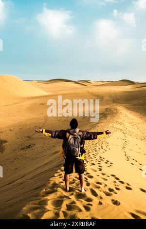 Standing man back view open arms and enjoy with wild beautiful desert in front - lifestyle and adventure trekking backpack travel vacation people concept - alternative summer holiday trip for people Stock Photo