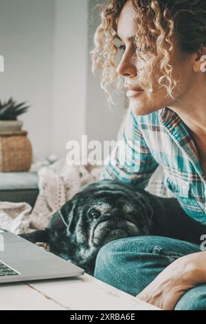 Woman working on laptop concentrated looking at the display. Lovely dog relaxing. Concept of modern people and animal best friend. Female enjoy online leisure activity using computer. People and dogs Stock Photo