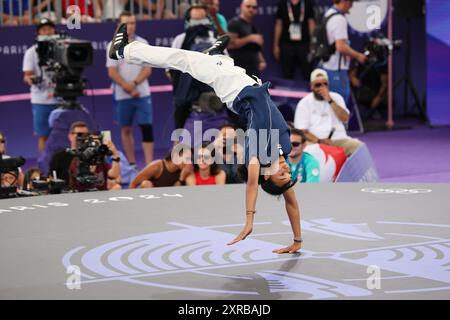 PARIS, FRANCE. 9th Aug, 2024.   Syssy of Team France competes during the B-Girls Round Robin on day fourteen of the Olympic Games Paris 2024 at Place de la Concorde, Paris, France.   Credit: Craig Mercer/Alamy Live News Stock Photo