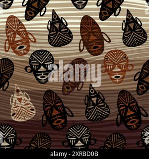 Seamless African background, ethnic tribal mask pattern, Primitive ritual masks of savages. Texture of vintage Afro Art design. Aztec Indian Maya Stock Vector