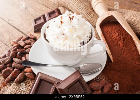 Cup of hot chocolate with whipped cream, cocoa powder, cocoa beans and pieces of chocolate. Stock Photo