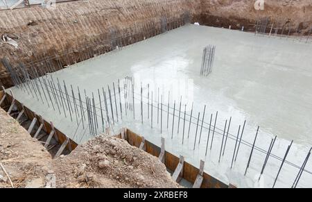 Foundation of a new house with reinforced concrete. Stock Photo