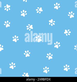 Cat paw texture, blue background, little paws seamless pattern Stock Vector