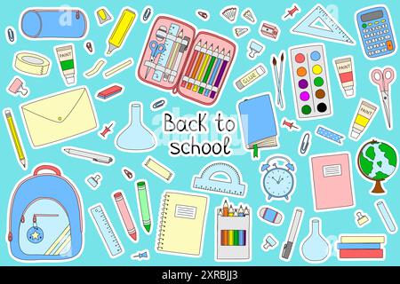 Sticker with Sticker set with Back to school elements, doodle style vector illustration Stock Vector