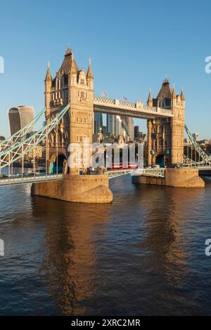 England, London, Tower Bridge and Red London Double decker bus Stock Photo
