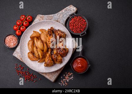 Delicious crispy baked chicken wings in teriyaki sauce with salt, spices and sesame seeds Stock Photo