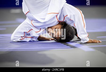 PARIS - India Sardjoe during the quarter final breaking for B-girls on the Place de la Concorde at the Olympic Games. ANP IRIS VAN DEN BROEK Stock Photo