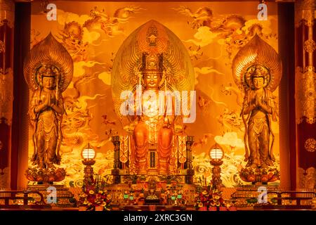 Asia, Singapore, Chinatown, Buddha Tooth Relic Temple and Museum, Interior View of the Main Prayer Hall Stock Photo