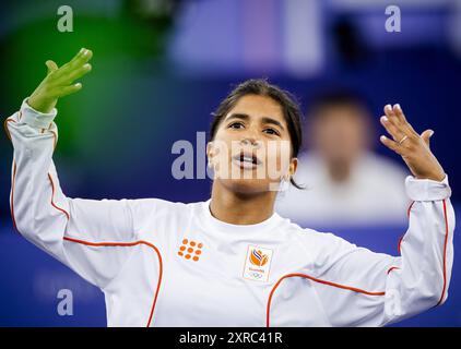 PARIS - India Sardjoe during the quarter final breaking for B-girls on the Place de la Concorde at the Olympic Games. ANP IRIS VAN DEN BROEK Stock Photo