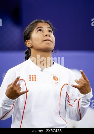 PARIS - India Sardjoe during the quarter final breaking for B-girls on the Place de la Concorde at the Olympic Games. ANP IRIS VAN DEN BROEK Stock Photo