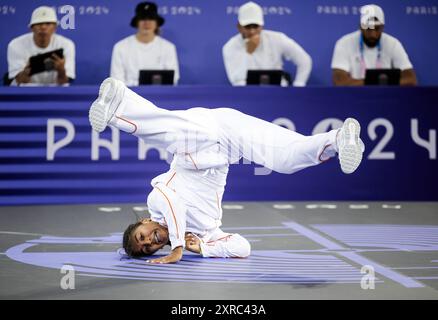 PARIS - India Sardjoe during the quarter final breaking for B-girls on the Place de la Concorde at the Olympic Games. ANP IRIS VAN DEN BROEK Stock Photo