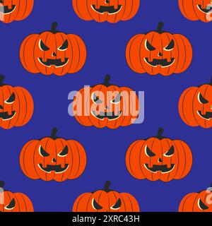 Seamless pattern. Retro Halloween. Pumpkin on blue background vector Stock Vector