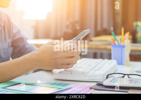 Smooth Focus, group of web designers are working together to develop mobile responsive website with UI UX Front End Designer Previewing. website desig Stock Photo