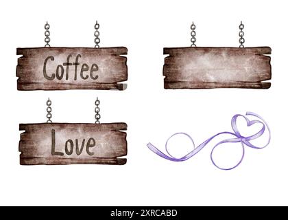 Wooden sign, signboard with and without inscription. Purple ribbon in the shape of a heart. High quality photo Stock Photo