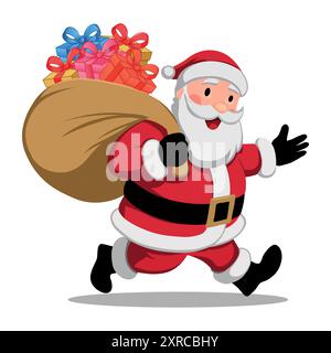 Jolly Santa Claus Carrying a Sack of Christmas Presents, Santa Claus with a Bag of Gift Boxes, Merry Christmas Vector illustration Stock Vector