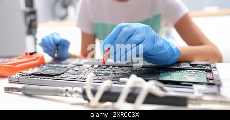 Repairman hands hold screwdrivers over laptop processor Stock Photo