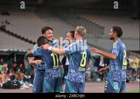 Athens, Greece. 08th Aug, 2024. Celebrations of playerS of Ajax after scoring against Panathinaikos during a football match in Athens, Greece, on August 8, 2024. (Photo by Dimitrios Karvountzis/Pacific Press/Sipa USA) Credit: Sipa USA/Alamy Live News Stock Photo