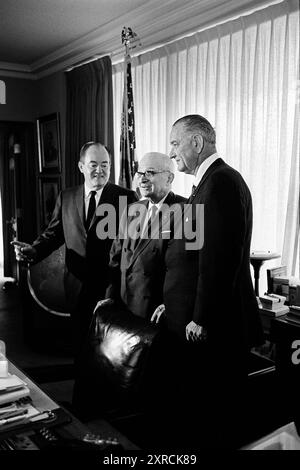 U.S. Vice President Hubert Humphrey, former U.S. President Harry S. Truman, and U.S. President Lyndon B. Johnson during signing of Medicare Bill, Harry S. Truman Library, Independence, Missouri, USA, Yoichi Okamoto, July 30, 1965 Stock Photo