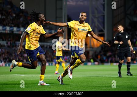 Derby County's Curtis Nelson (right) celebrates scoring their side's first goal of the game with team-mate during the Sky Bet Championship match at Ewood Park, Blackburn. Picture date: Friday August 9, 2024. Stock Photo