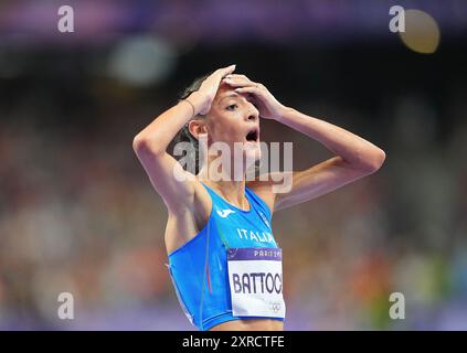 Paris, France. 9th Aug, 2024. Nadia Battocletti of Italy reacts after the women's 10000m final of Athletics at the Paris 2024 Olympic Games in Paris, France, Aug. 9, 2024. Credit: Xu Chang/Xinhua/Alamy Live News Stock Photo