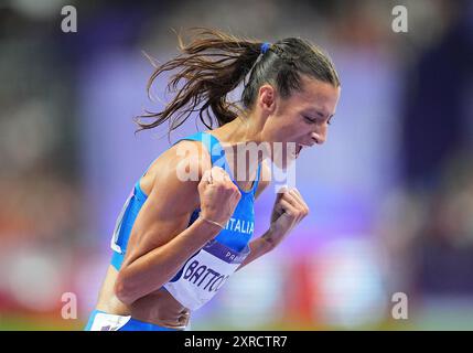 Paris, France. 9th Aug, 2024. Nadia Battocletti of Italy reacts after the women's 10000m final of Athletics at the Paris 2024 Olympic Games in Paris, France, Aug. 9, 2024. Credit: Xu Chang/Xinhua/Alamy Live News Stock Photo