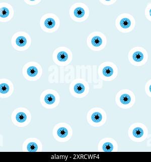 Y2k seamless pattern with blue isolated eyes. Doodle flat style drawn illustration for textile. Stock Vector