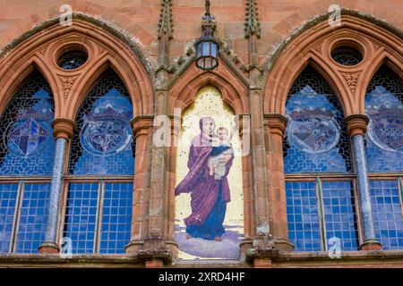 Rothesay, Bute, Scotland, UK. 6th July, 2024. Exterior religious icon mosaic or Mary artwork of Mount Stuart. Mount Stuart House on the Isle of Bute is built in Gothic Revival style and is the ancestral home of the Marquesses of Bute and the seat of the Stuarts of Bute since 1157. Throughout the house are religious and astrological symbols meant to express the 3rd Marquess's philosophy. The Isle of Bute is an island in the Firth of Clyde in Argyll, Scotland. (Credit Image: © Ruaridh Stewart/ZUMA Press Press Wire) EDITORIAL USAGE ONLY! Not for Commercial USAGE! Stock Photo