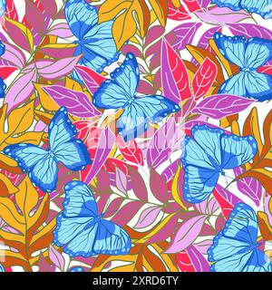 Seamless floral pattern with butterflies and tropical leaves vector illustration Stock Vector