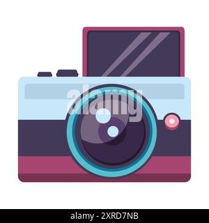 minimalist camera illustration features a white body with dark grey and maroon accents. The large blue lens and small pink button add a modern touch Stock Vector