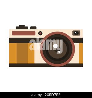 A vintage-style camera with a large lens, top dials, and a two-tone brown and cream body. The design is classic and elegant, blending retro aesthetics Stock Vector