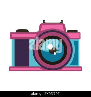 A vibrant, flat design illustration of a pink and purple camera with a large lens, flash, and two control dials on top. Colorful and modern design ble Stock Vector