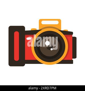 A stylized illustration of a camera with a beige body, large black lens, red button on the right side, and yellow and red accents at the bottom. The d Stock Vector