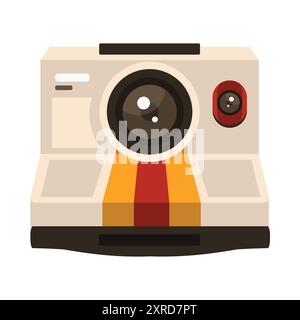 A camera with a beige body, large black lens, red button on the right side, and yellow and red accents at the bottom. The design is simple Stock Vector