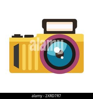 A vibrant digital illustration of a camera with a large blue lens, a yellow body, and black details. The camera is depicted in a flat, graphic style, Stock Vector