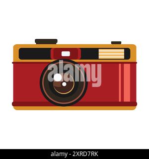 A vintage style red camera with a large lens and yellow detailing, evoking nostalgia for the analog photography era Stock Vector