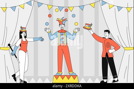 Artists in circus. Talented artists in tent. Show and performance. Entertainment, fun and leisure. Clown juggles with colorful balls at scene. Linear Stock Vector