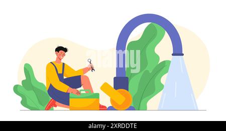 Faucet repair concept. Man with wrench and box of tools fixing faucet in kitchen. Plumber and repairman with pipes. Renovation in bathroom. Flat Stock Vector