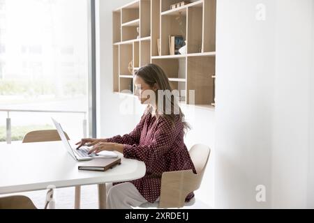 Focused company manager woman working at computer in office workspace Stock Photo