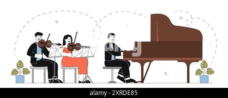 Musicians performing on stage. Man with piano and women with violins perform on stage. Classical music concert. Orchestra at Philharmonic. Linear Stock Vector