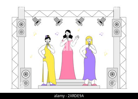 Singers performing on stage. Women in dresses with microphones perform on scene. Musical event and show. Concert pop singers. Linear vector Stock Vector